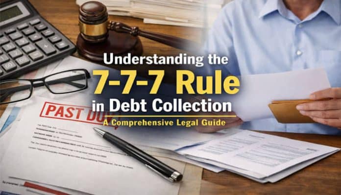Understanding the 7-7-7 Rule in Debt Collection, showcasing legal documents, past due bills, and a person reviewing them.