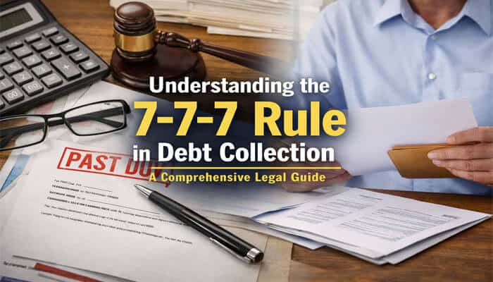 Understanding the 7-7-7 Rule in Debt Collection, showcasing legal documents, past due bills, and a person reviewing them.
