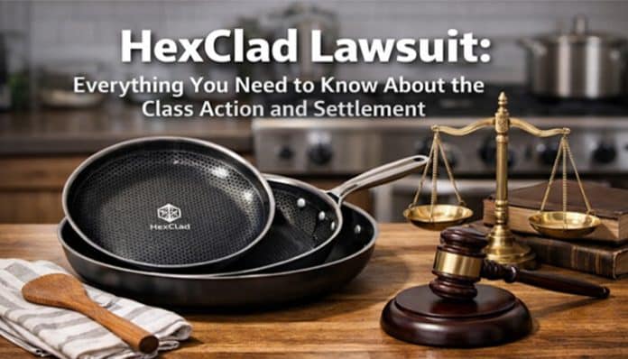 Hexclad Lawsuit: Everything You Need to Know About the Class Action and Settlement with cookware, gavel, and scales of justice.