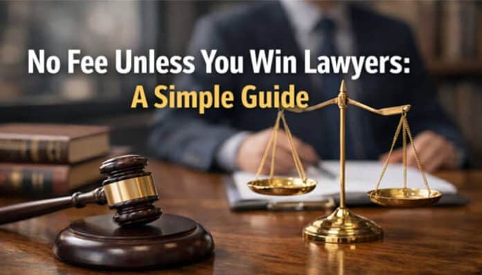 No Fee Unless You Win Lawyers: A Simple Guide with a gavel and scales of justice on a desk.
