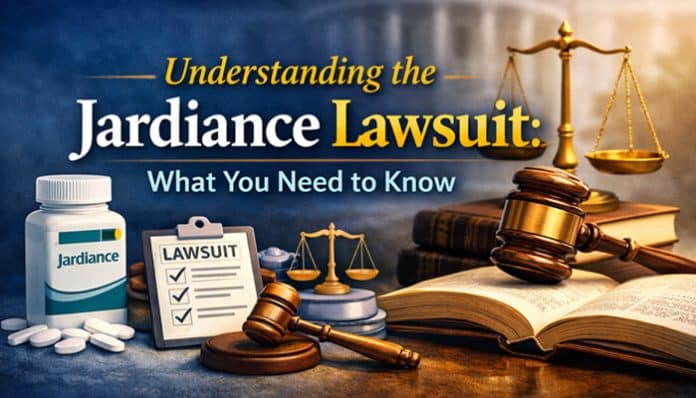 Understanding the Jardiance Lawsuit: What You Need to Know - A visual representation of the Jardiance Lawsuit with a bottle of Jardiance, scales of justice, and a gavel.