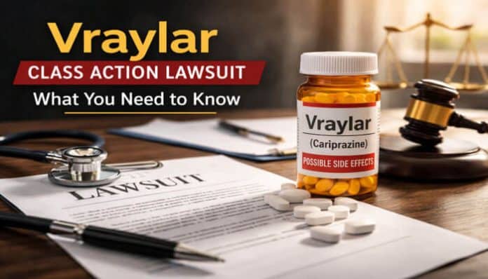 Vraylar Class Action Lawsuit: Bottle of Vraylar (Cariprazine) and pills on a lawsuit document with a gavel, representing possible side effects and legal action.