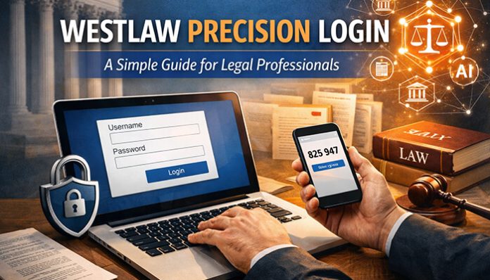 Westlaw Precision Login page shown on a laptop with a user entering their credentials, featuring a secure login process for legal professionals with icons representing law, security, and artificial intelligence.