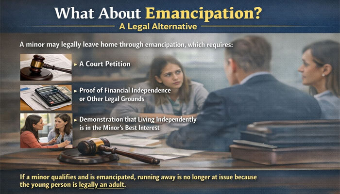 What About Emancipation A Legal Alternative - My Legal Opinion - My Legal Opinion A legal scene discussing emancipation as an alternative to running away from home. The image shows a minor meeting with legal professionals to discuss the process of emancipation, which includes filing a court petition, proving financial independence, and demonstrating that living independently is in the minor’s best interest. The image emphasizes that if a minor is emancipated, they are legally considered an adult, and running away is no longer an issue, addressing the legal alternatives to Is It Illegal to Run Away From Home.