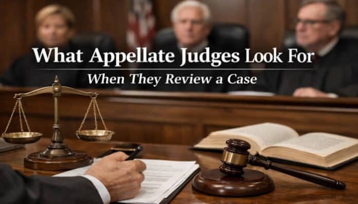 What Appellate Judges Look For When They Review a Case in a courtroom setting with scales of justice and gavel.