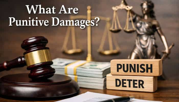 What Are Punitive Damages - My Legal Opinion - My Legal Opinion What Are Punitive Damages? - This image explores the concept of punitive damages in the context of Compensatory vs Punitive Damages. The visual showcases a judge's gavel, legal scales, and wooden blocks with the words PUNISH and DETER, highlighting the core function of punitive damages in legal cases. Unlike compensatory damages, which aim to reimburse victims, punitive damages are intended to punish the defendant for egregious conduct and deter future wrongdoing.