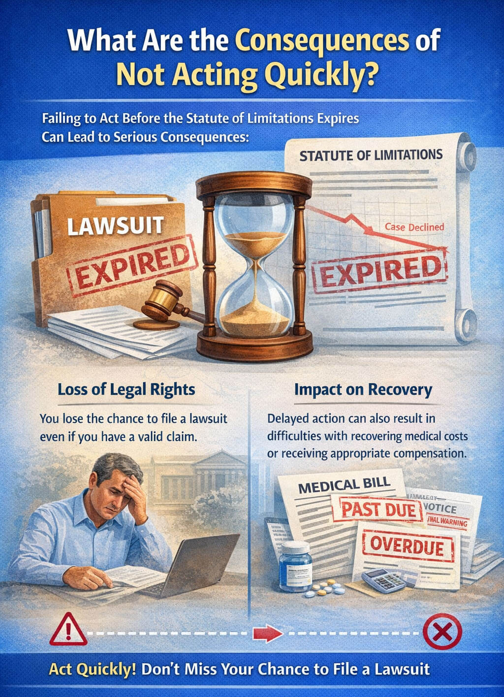 What Are the Consequences of Not Acting Quickly - My Legal Opinion - My Legal Opinion Illustration explaining the consequences of missing the Knee Replacement Lawsuit Statute of Limitations. It shows the impact of expired lawsuits, loss of legal rights, and the difficulty in recovery due to delayed action.