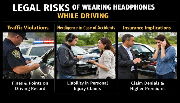 What Are the Legal Risks of Wearing Headphones While Driving - My Legal Opinion - My Legal Opinion Image showing the legal risks of wearing headphones while driving, with sections highlighting traffic violations, negligence in accidents, and insurance implications. The image addresses the question 'Is It Illegal to Drive with Headphones?' and outlines the potential legal consequences for drivers.