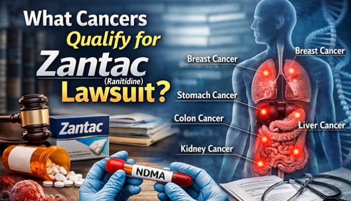 What Cancers Qualify For Zantac Lawsuit - An infographic showing various cancers linked to Zantac, including breast, stomach, colon, liver, and kidney cancers, highlighting the NDMA contamination risk.