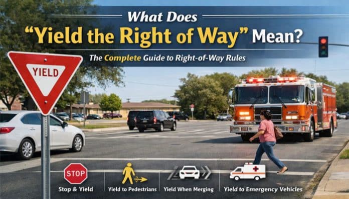 Traffic sign indicating 'Yield' with cars and emergency vehicles, illustrating 'What Does Yield the Right of Way Mean' and the rules for yielding to pedestrians, emergency vehicles, and when merging.