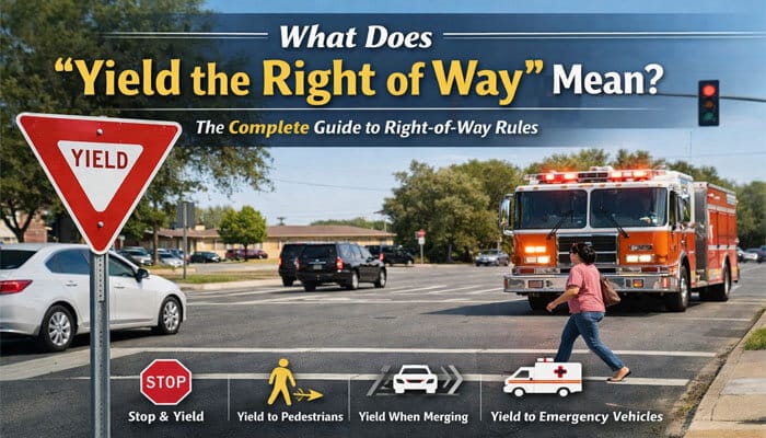 Traffic sign indicating 'Yield' with cars and emergency vehicles, illustrating 'What Does Yield the Right of Way Mean' and the rules for yielding to pedestrians, emergency vehicles, and when merging.