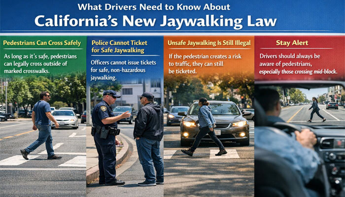 What Drivers Need to Know About Californias New Jaywalking Law - My Legal Opinion - My Legal Opinion Infographic explaining California's new jaywalking law. It highlights key points for drivers: pedestrians can cross safely outside marked crosswalks, police cannot ticket for safe jaywalking, unsafe jaywalking remains illegal, and the importance of staying alert while driving near pedestrians, especially those crossing mid-block.