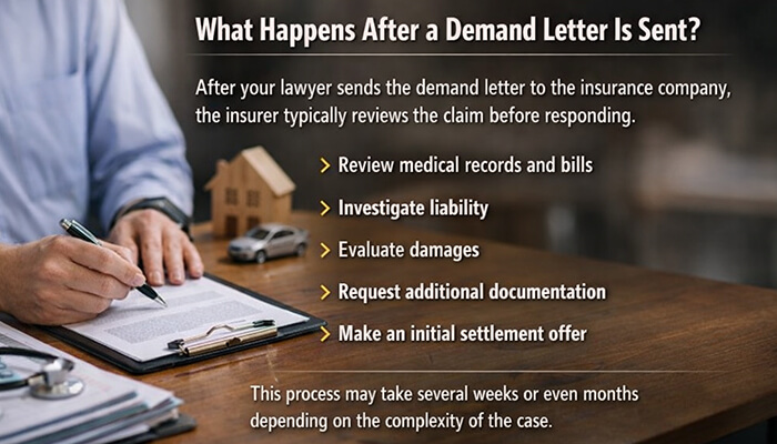 What Happens After a Demand Letter Is Sent - My Legal Opinion - My Legal Opinion A person reviews paperwork with medical records and a calculator. Overlaid text outlines insurance steps after a demand letter: review records, evaluate damages, and make an offer Why Is My Lawyer Taking So Long to Settle My Case.