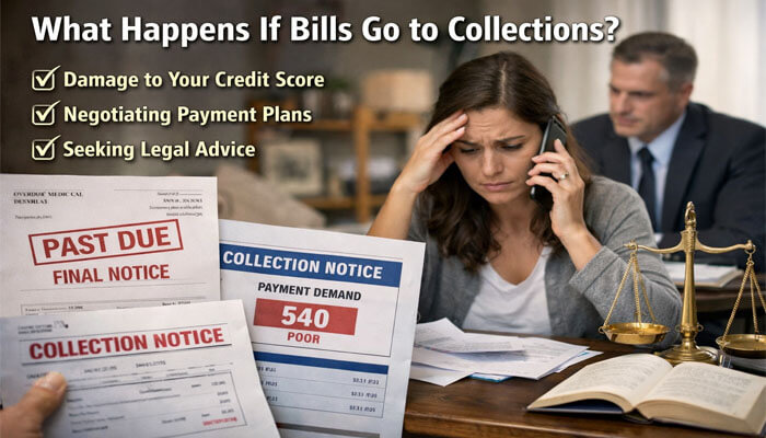 What Happens If Bills Go to Collections - My Legal Opinion - My Legal Opinion What Happens If Bills Go to Collections: Image showing a distressed individual receiving past-due notices, with highlighted impacts like credit score damage, payment negotiations, and seeking legal advice.