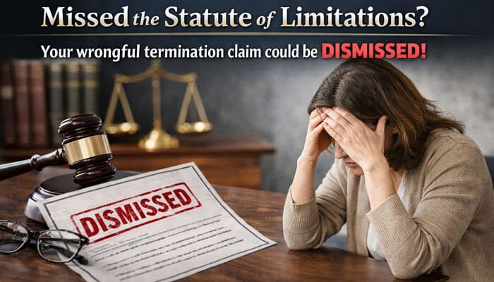 What Happens if You Miss the Statute of Limitations - My Legal Opinion - My Legal Opinion Wrongful Termination in California: What Happens if You Miss the Statute of Limitations? A woman looks distressed while holding her head in her hands, with a 'Dismissed' termination notice stamped in front of her, symbolizing the consequences of missing the statute of limitations for wrongful termination claims in California. Learn about the legal ramifications, time limits, and the critical steps employees must take to protect their rights.