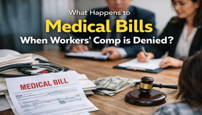 What Happens to Medical Bills When Workers' Comp is Denied: Image showing medical bills, a gavel, and a pile of cash, symbolizing the financial implications of workers' comp claim denials.