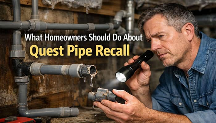 What Homeowners Should Do About Quest Pipe Recall - My Legal Opinion - My Legal Opinion Quest Pipe Recall image showing a homeowner inspecting leaking gray polybutylene plumbing with a flashlight, highlighting pipe failure, active water damage, and the practical steps homeowners often consider after spotting a Quest Pipe Recall problem.