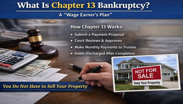 What Is Chapter 13 Bankruptcy - My Legal Opinion - My Legal Opinion Overview of Chapter 13 bankruptcy, showing a person preparing a payment proposal, with a house labeled Not for Sale illustrating that property can be kept, while debts are discharged after following a payment plan. This emphasizes the key what's the difference between chapter 7 and 13 difference from Chapter 7 bankruptcy, which involves asset liquidation.