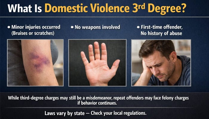 What Is Domestic Violence 3rd Degree - My Legal opinion - My Legal Opinion Is Domestic Violence a Felony infographic explaining third-degree domestic violence, showing minor injuries such as bruises or scratches, no weapon involvement, and a first-time offender, while noting that repeat offenses may lead to felony domestic violence charges depending on state law.