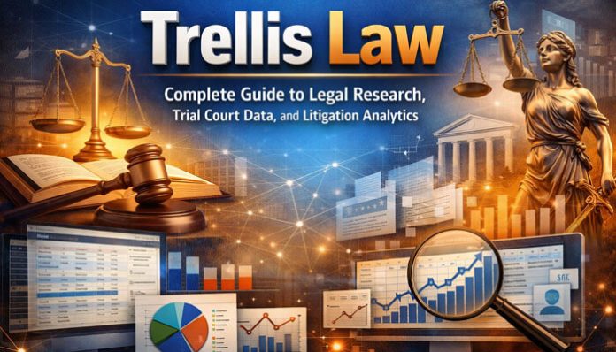 Graphic showing Trellis Law, featuring the title 'Complete Guide to Legal Research, Trial Court Data, and Litigation Analytics' with legal symbols and data visualizations.