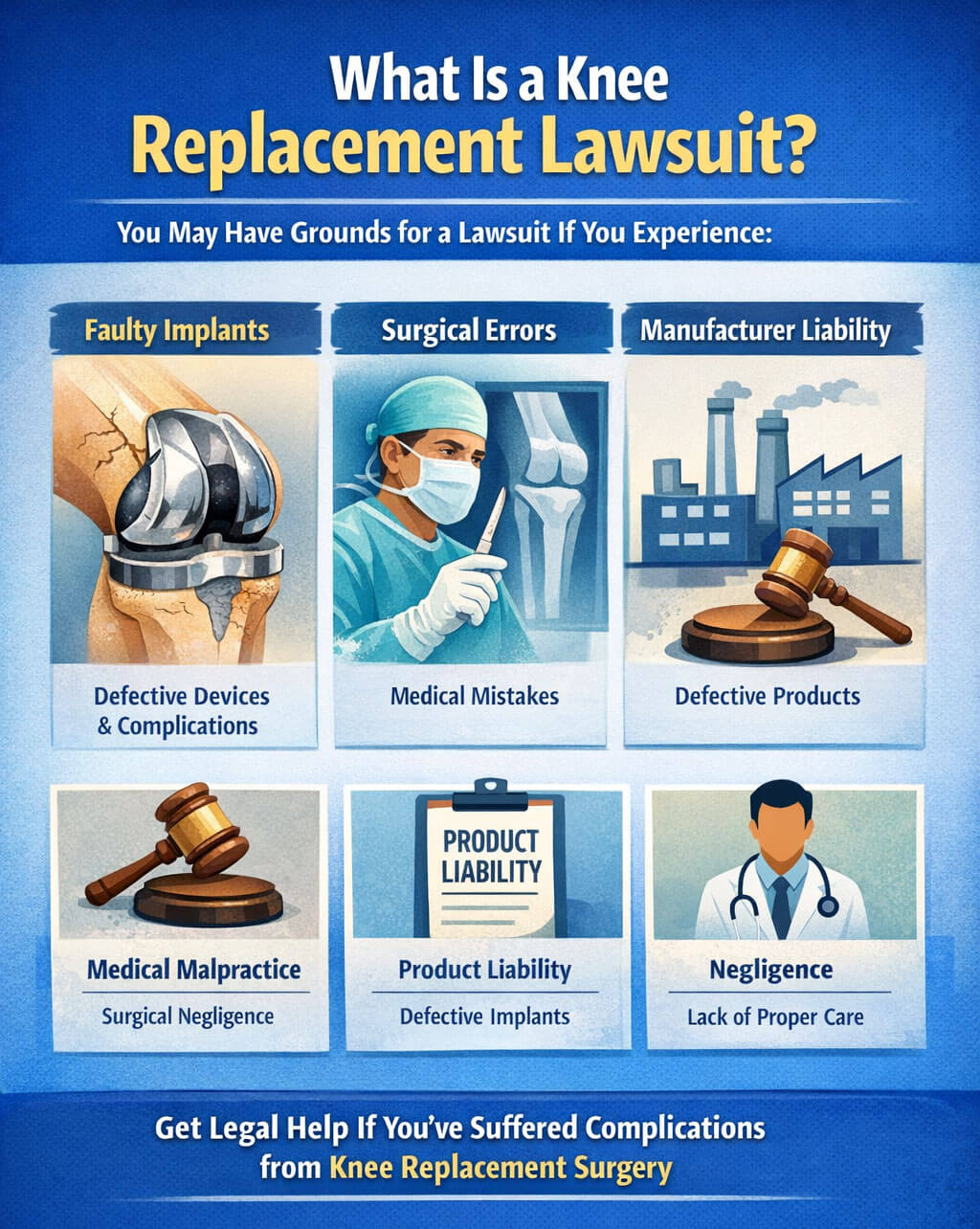 What Is a Knee Replacement Lawsuit - My Legal Opinion - My Legal Opinion Visual guide explaining the Knee Replacement Lawsuit Statute of Limitations with sections on faulty implants, surgical errors, and manufacturer liability. Legal help for knee replacement complications.