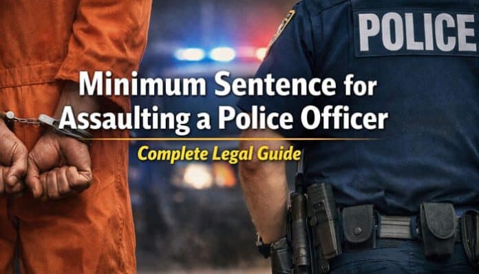 Infographic depiction of a handcuffed individual and a police officer with text overlay asking What Is the Minimum Sentence for Assaulting a Police Officer? – legal guide on charges, penalties, and sentencing standards.