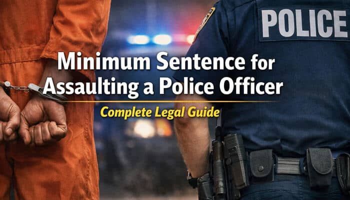 Infographic depiction of a handcuffed individual and a police officer with text overlay asking What Is the Minimum Sentence for Assaulting a Police Officer? – legal guide on charges, penalties, and sentencing standards.