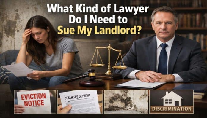 Image showing a distressed tenant holding an eviction notice and a lawyer in a professional setting, with items like a security deposit document, gavel, and scales of justice. The image is associated with the keyword What Kind of Lawyer Do I Need to Sue My Landlord