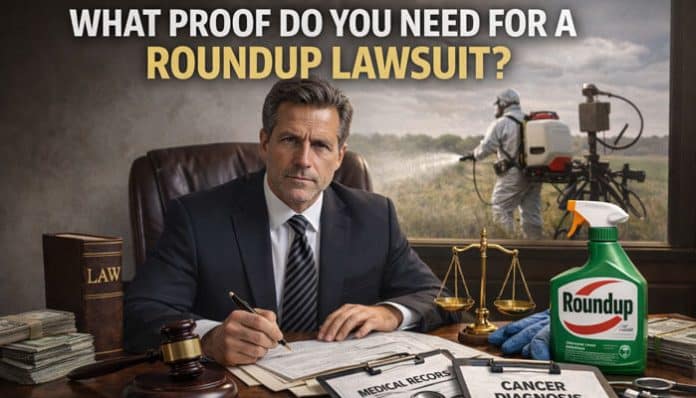 What Proof Do You Need for a Roundup Lawsuit? Lawyer with legal documents and Roundup bottle, discussing cancer claims linked to herbicide exposure.