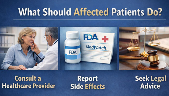 What Should Affected Patients Do - My Legal Opinion - My Legal Opinion Breo Ellipta Lawsuit Update: A healthcare provider examining a patient, a bottle of FDA-approved medication, and a gavel, illustrating steps for affected patients: consult a healthcare provider, report side effects, and seek legal advice
