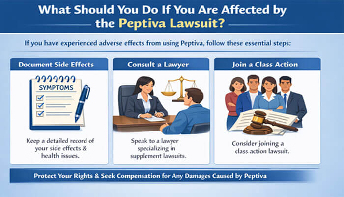 What Should You Do If You Are Affected by the Peptiva Lawsuit - My Legal Opinion - My Legal Opinion What to do if affected by the Peptiva Lawsuit: Document side effects, consult a lawyer specializing in supplement lawsuits, and consider joining a class action to seek compensation for damages caused by Peptiva.