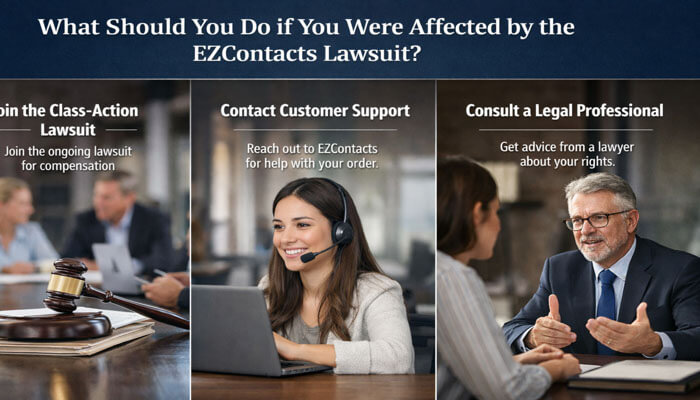 What Should You Do if You Were Affected by the EZContacts Lawsuit - My Legal OPinion - My Legal Opinion Infographic outlining steps for those affected by the EZContacts lawsuit, including joining the class-action lawsuit, contacting customer support for assistance, and consulting a legal professional for advice.