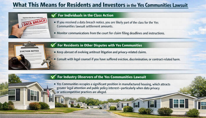 What This Means for Residents and Investors in the Yes Communities Lawsuit - My Legal OPinion - My Legal Opinion What This Means for Residents and Investors in the Yes Communities Lawsuit: An informative graphic outlining key points for individuals in the class action, residents with other disputes, and industry observers. The image features an important data breach notice, eviction notice, and a view of a manufactured housing community. It emphasizes the legal steps and considerations for those impacted by the Yes Communities lawsuit, including staying updated on litigation, privacy claims, and monitoring communication from the court.