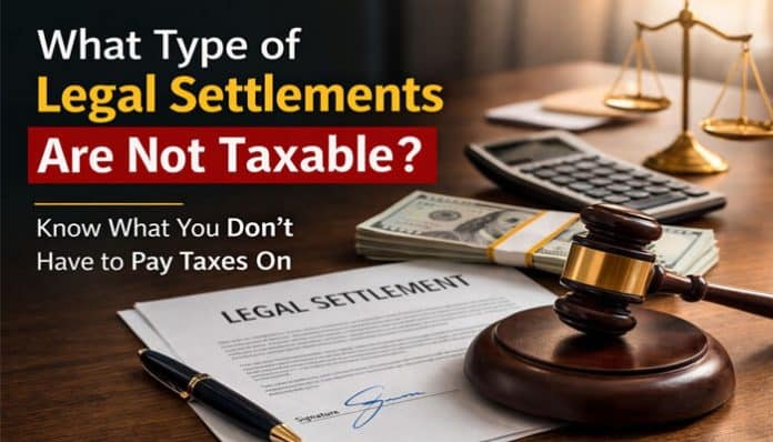 Image featuring a legal document titled 'LEGAL SETTLEMENT,' a gavel, money, and a calculator, illustrating legal settlements and highlighting what is not taxable.