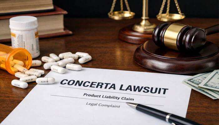 What is Concerta Lawsuit - My Legal Opinion - My Legal Opinion Concerta Lawsuit: A legal document titled 'Concerta Lawsuit - Product Liability Claim' with a gavel, pill bottles, and money, symbolizing a legal complaint related to Concerta.
