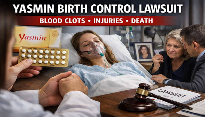 What is the Yasmin Birth Control Lawsuit About - My Legal Opinion - My Legal Opinion Yasmin Birth Control Lawsuit - Blood Clots, Injuries, Death, featuring a woman in a hospital bed, Yasmin birth control pills, and legal professionals discussing the case.