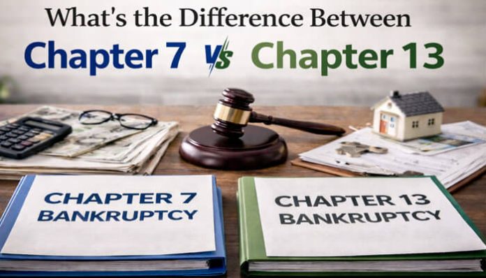 Comparison of Chapter 7 vs Chapter 13 bankruptcy with documents labeled 'Chapter 7 Bankruptcy' and 'Chapter 13 Bankruptcy' on a desk with a gavel and house model, representing the differences between the two types of bankruptcies.