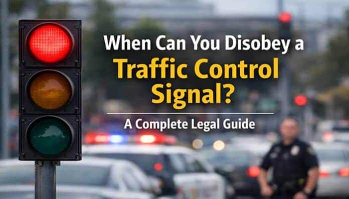 When Can You Disobey a Traffic Control Signal? A Complete Legal Guide - Traffic lights with police cars in the background.