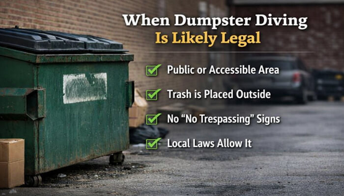 When Dumpster Diving Is Likely Legal - My Legal Opinion - My Legal Opinion When Dumpster Diving Is Likely Legal - Key conditions when dumpster diving in NC is permitted, including public access and local law compliance. Is Dumpster Diving Illegal in NC?