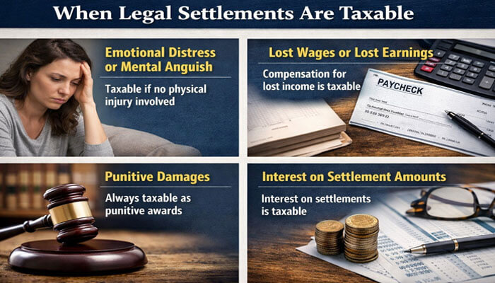When Legal Settlements Are Taxable - My Legal opinion - My Legal Opinion Infographic showing, what type of legal settlements are not taxable. when legal settlements are taxable, including emotional distress, lost wages, punitive damages, and interest on settlement amounts.