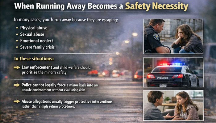 When Running Away Becomes a Safety Necessity - My Legal Opinion - My Legal Opinion A distressed youth sitting on the side of the road, with police involvement shown as they prioritize the safety of the minor. The image emphasizes the importance of law enforcement and child welfare's role in protecting youth who may be escaping from physical abuse, sexual abuse, emotional neglect, or severe family crises. It also highlights that police cannot force minors back into unsafe environments without assessing risks and that abuse allegations typically lead to protective interventions.