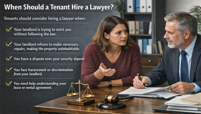 When Should a Tenant Hire a Lawyer - My Legal Opinion - My Legal Opinion Image showing a tenant consulting with a lawyer at a desk, discussing legal matters like eviction, property repairs, security deposit disputes, and landlord harassment, with a focus on the keyword What Kind of Lawyer Do I Need to Sue My Landlord
