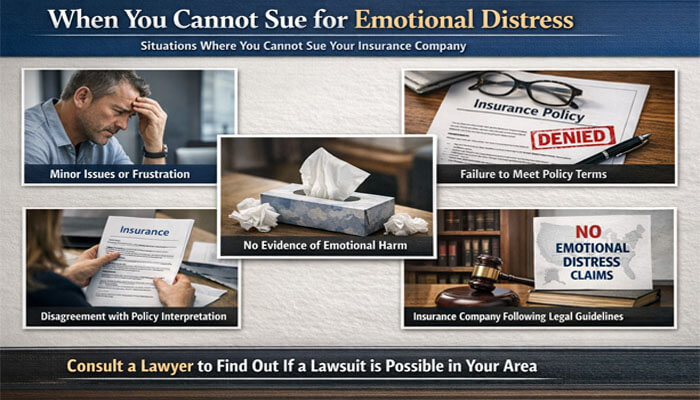 When You Cannot Sue for Emotional Distress - My Legal Opinion - My Legal Opinion When You Cannot Sue for Emotional Distress: A collage of five images illustrating situations where you can't sue an insurance company for emotional distress, including minor issues, failure to meet policy terms, lack of evidence, policy disagreement, and adherence to legal guidelines.