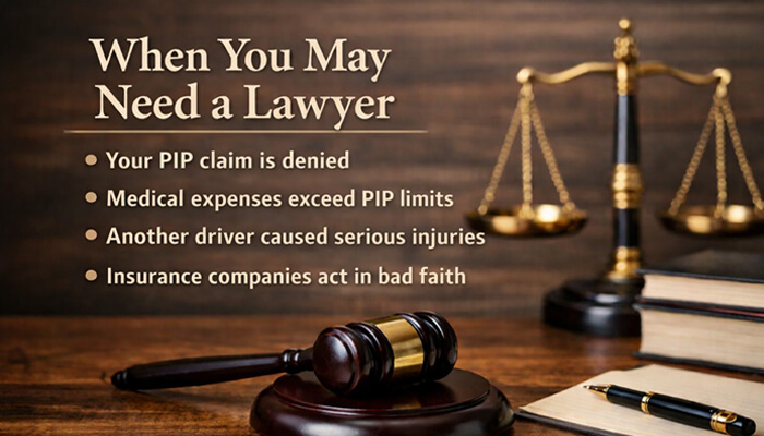When You May Need a Lawyer - My Legal Opinion - My Legal Opinion A legal setting featuring a gavel, scales of justice, and a pen on a desk with the text: When You May Need a Lawyer. The image lists scenarios such as PIP claim denial and medical expenses exceeding PIP limits.