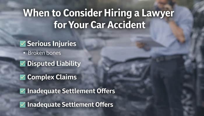 When to Consider Hiring a Lawyer for Your Car Accident - My Legal Opinion 1 - My Legal Opinion A checklist of scenarios when hiring a lawyer for a car accident is important, including serious injuries, disputed liability, complex claims, and inadequate settlement offers, with a blurred background showing a person talking on the phone by a car accident scene.
