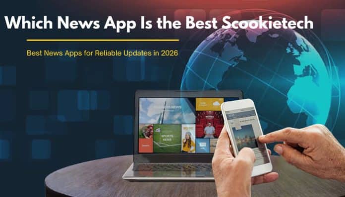 User browsing top news applications on mobile and laptop with Scookietech headline ‘Which News App Is the Best Scookietech?’ showing a reliable news comparison for 2026 updates and trustworthy app choices.