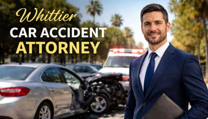 Whittier Car Accident Attorney standing at crash scene providing legal help to car accident victims in Whittier California