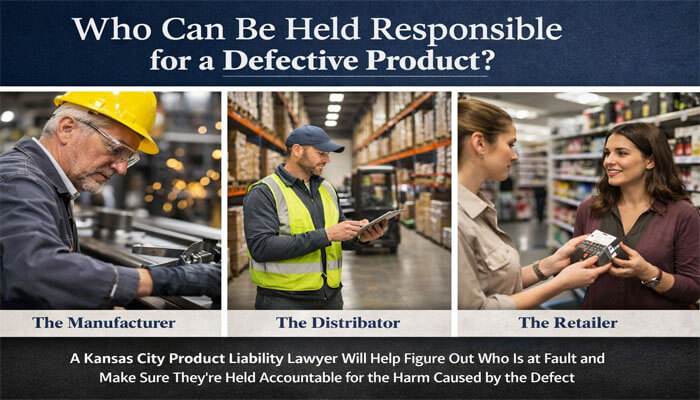 Who Can Be Held Responsible for a Defective Product - My Legal Opinion - My Legal Opinion Kansas City Product Liability Lawyer - Who Can Be Held Responsible for a Defective Product? The image shows three professionals: a manufacturer, a distributor, and a retailer, each representing the key parties who could be held responsible for a defective product. A Kansas City product liability lawyer helps determine fault and ensure accountability for harm caused by defective products.