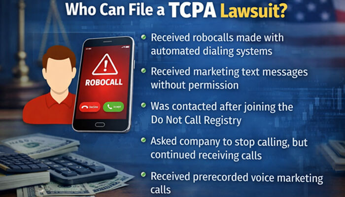 Who Can File a TCPA Lawsuit - My Legal Opinion - My Legal Opinion Infographic on who can file a TCPA lawsuit, highlighting scenarios like receiving robocalls, spam texts, or prerecorded voice calls without consent, with a robocall alert on a smartphone.
