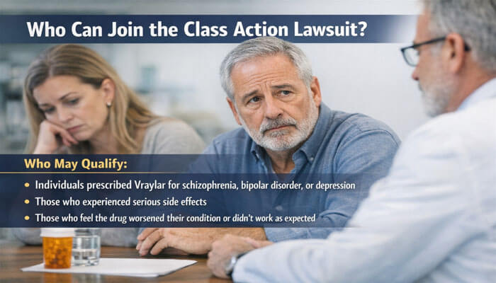 Who Can Join the Class Action Lawsuit - My Legal Opinion - My Legal Opinion Vraylar Class Action Lawsuit: A man and woman sitting in a consultation, discussing eligibility for the Vraylar class action lawsuit related to serious side effects.